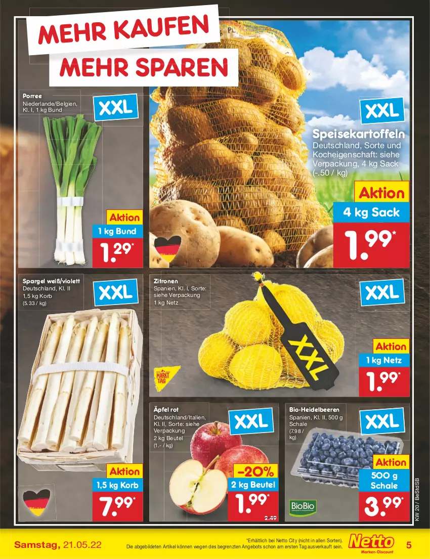 Aktueller Prospekt Netto Marken-Discount - Filial-Angebote - von 16.05 bis 21.05.2022 - strona 5 - produkty: angebot, beere, beeren, beutel, bio, eis, heidelbeere, heidelbeeren, kartoffel, kartoffeln, korb, LG, sac, Schal, Schale, spargel, speisekartoffeln, Ti, zitrone, zitronen, ZTE