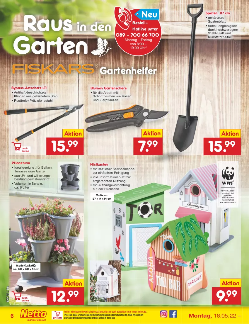 Aktueller Prospekt Netto Marken-Discount - Filial-Angebote - von 16.05 bis 21.05.2022 - strona 6 - produkty: blume, blumen, discount, eier, eis, Garten, Gartenschere, marken-discount, ndk, pflanze, pflanzen, Reinigung, reis, rosen, Schal, Schale, Schere, Spaten, Ti, uhr