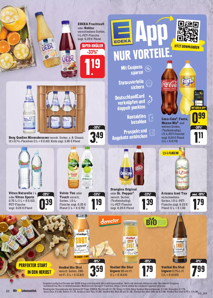 Aktueller Prospekt Edeka - Angebote der Woche - von 25.09 bis 30.09.2023 - strona 25 - produkty: Alwa, angebot, angebote, bio, coca-cola, cola, coupon, coupons, decke, deka, eis, elle, fanta, flasche, frucht, fruchtsaft, gin, ingwer, mineralwasser, natur, Nektar, nuss, orangina, pet-flasche, rabatt-coupon, reis, rel, saft, Sport, super-knüller, tee, Ti, vitrex, volvic, wasser, ZTE