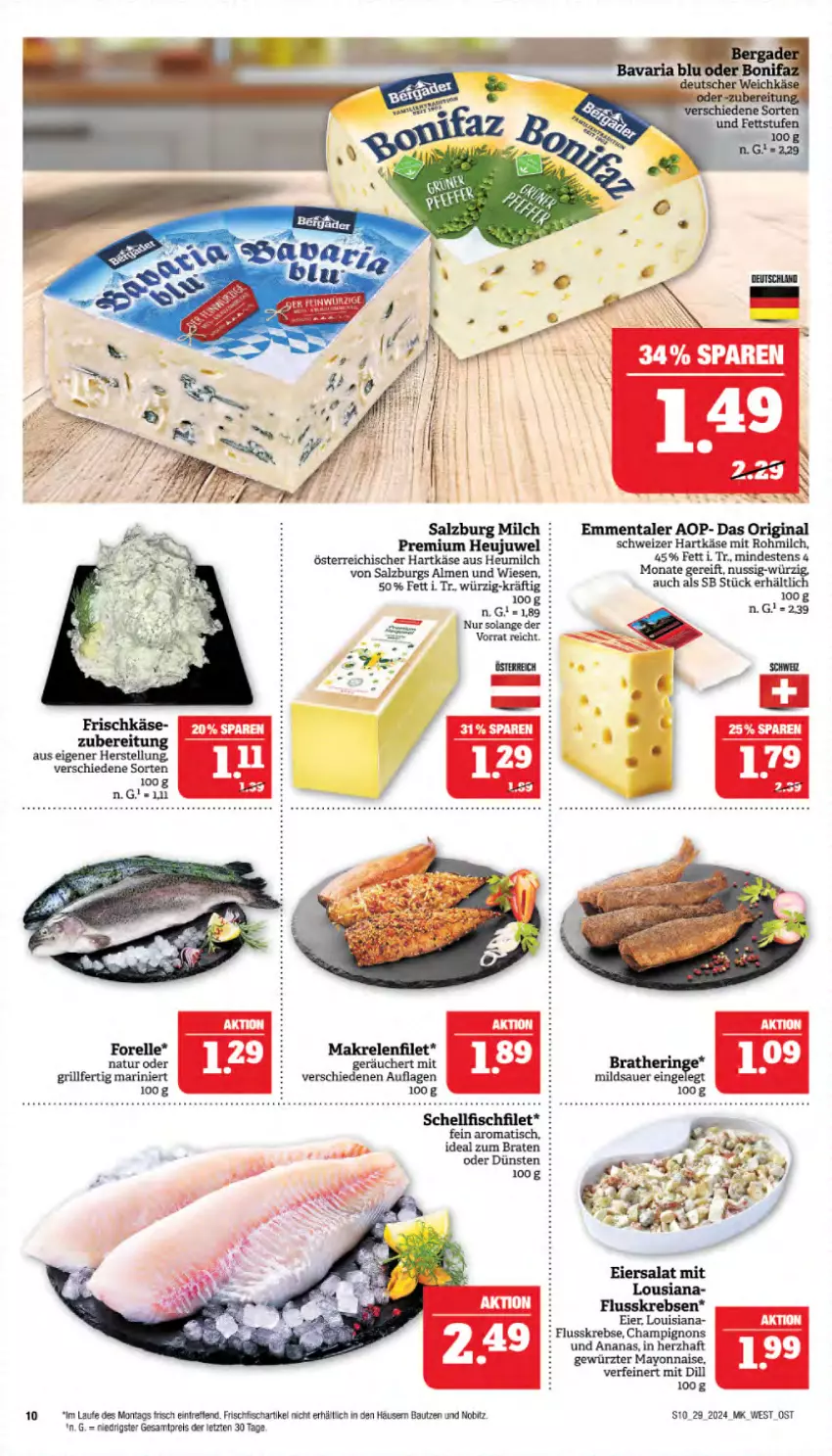 Aktueller Prospekt Marktkauf - Prospekt - von 14.07 bis 20.07.2024 - strona 10 - produkty: ananas, auer, Bau, braten, champignon, champignons, eier, eiersalat, eis, elle, emmentaler, filet, fisch, forelle, frischfisch, gewürz, grill, hartkäse, Heu, Heujuwel, heumilch, ideal zum braten, Käse, Krebs, Makrele, mayonnaise, milch, natur, nuss, reis, rel, salat, salz, SalzburgMilch, schweizer hartkäse, Ti, tisch, Yo, ZTE