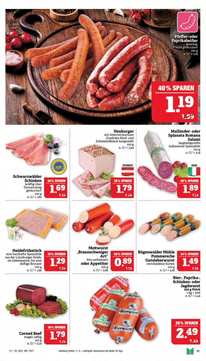 Aktueller Prospekt Marktkauf - Prospekt - von 14.07 bis 20.07.2024 - strona 11 - produkty: beef, bier, braun, brot, burger, corned beef, eis, fleisch, gelee, gutsleberwurst, heidefrühstück, jagdwurst, leberwurst, leine, Mantel, Mett, mettwurst, Neuburger, paprika, pfeffer, reis, rind, rügenwalder, rügenwalder mühle, saft, salami, schinken, schwein, schweine, schweinefleisch, Spezi, tee, Ti, wein, weine, wurst, ZTE