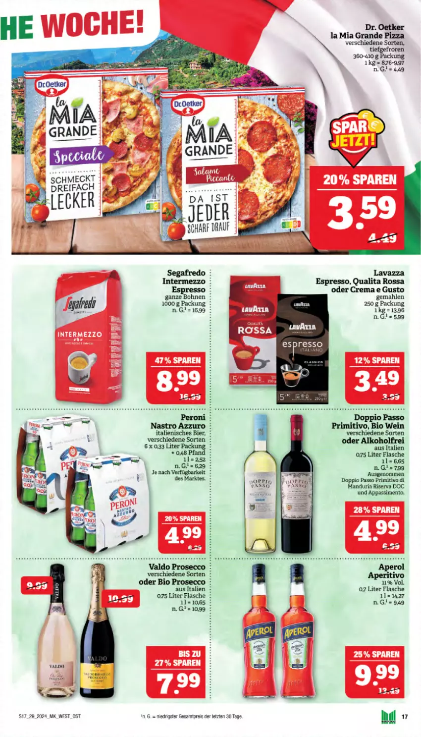 Aktueller Prospekt Marktkauf - Prospekt - von 14.07 bis 20.07.2024 - strona 17 - produkty: alkohol, aperol, bier, bio, bohne, bohnen, doppio passo, Dr. Oetker, ecco, eis, espresso, flasche, intermezzo, passo, Peroni, pizza, primitivo, prosecco, reis, Ria, riserva, sim, tee, Ti, valdo, wein, ZTE