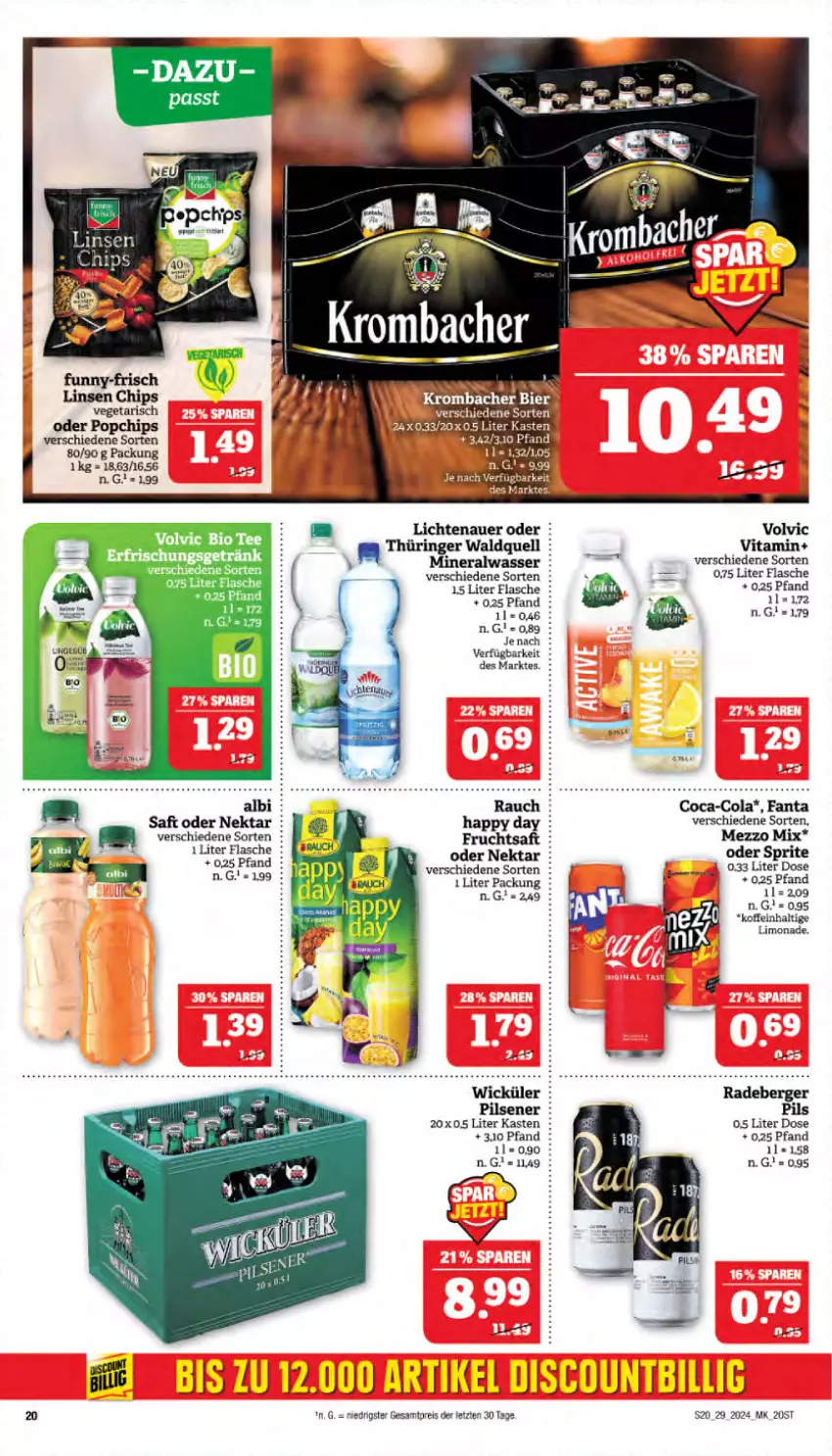 Aktueller Prospekt Marktkauf - Prospekt - von 14.07 bis 20.07.2024 - strona 20 - produkty: Alwa, auer, chips, coca-cola, cola, eis, fanta, flasche, frucht, fruchtsaft, funny-frisch, Happy Day, lichtenauer, limo, limonade, linsen, Mezzo Mix, mineralwasser, Nektar, oder sprite, pils, pilsener, reis, saft, sprite, Ti, Vegeta, vita, volvic, wasser, WICK, ZTE