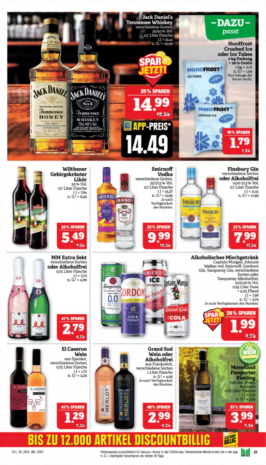 Aktueller Prospekt Marktkauf - Prospekt - von 14.07 bis 20.07.2024 - strona 21 - produkty: aktionspreis, Alcon, alkohol, Cap, captain morgan, deka, eis, finsbury, flasche, getränk, gin, gordon, gordon's, grand sud, kräuter, likör, mm extra, nuss, reis, sekt, smirnoff, Tanqueray, Ti, vodka, wein, wilthener, ZTE