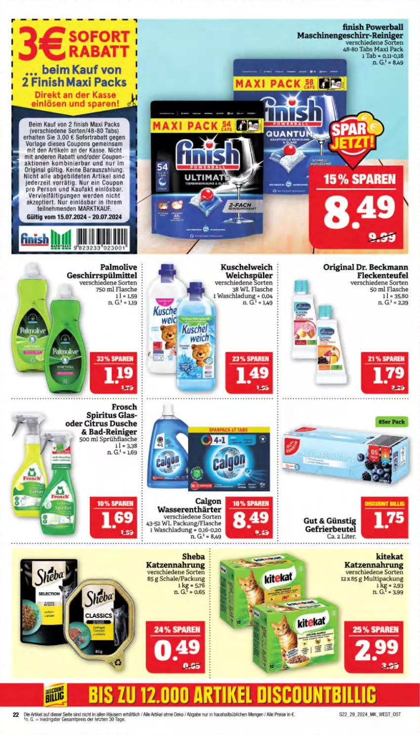 Aktueller Prospekt Marktkauf - Prospekt - von 14.07 bis 20.07.2024 - strona 22 - produkty: Bad, Bad-Reiniger, beutel, calgon, citrus, coupon, coupons, Dr. Beckmann, dusche, eier, eis, ente, erde, Finish, flasche, Frosch, gefrierbeutel, geschirr, gin, kitekat, Kuschelweich, LG, olive, palmolive, reiniger, reis, Schal, Schale, scout, sheba, sofortrabatt, spiritus, sprühflasche, Ti, wasser, wasserenthärter, weichspüler, ZTE