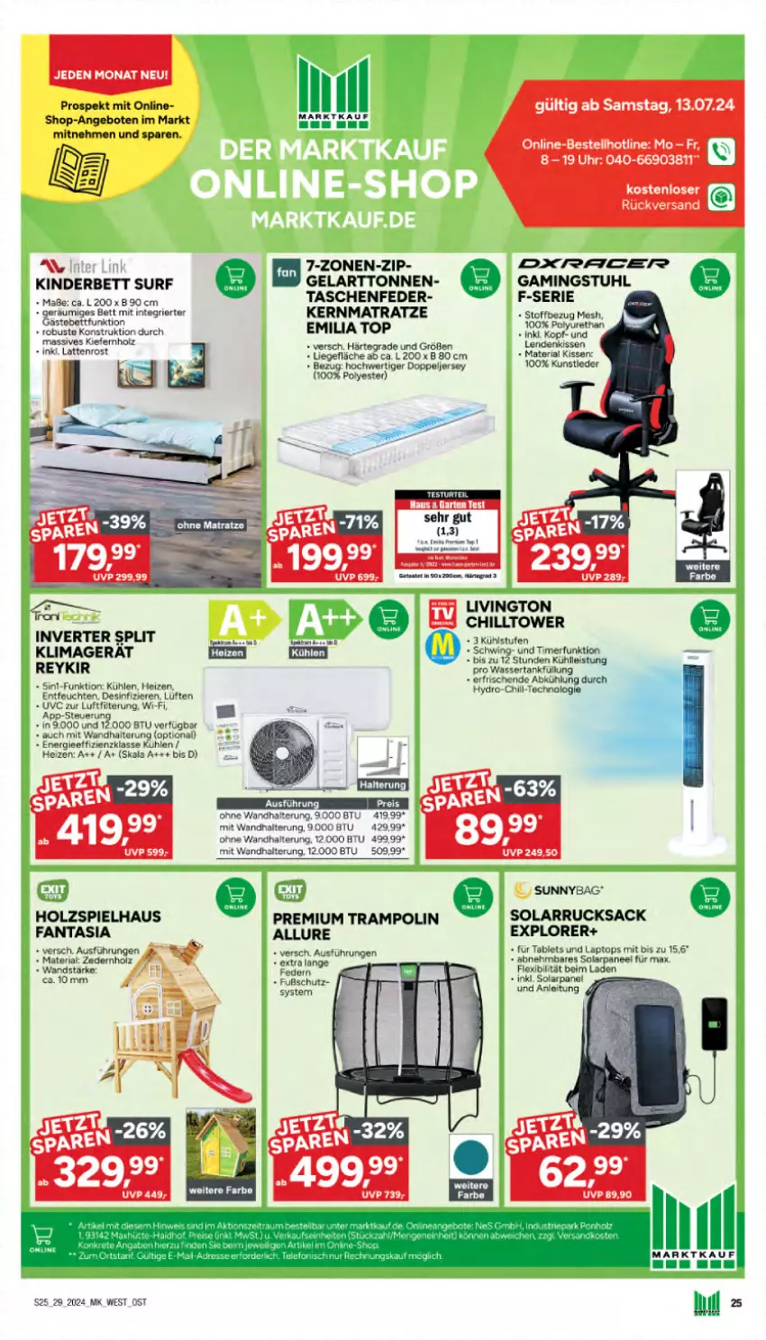 Aktueller Prospekt Marktkauf - Prospekt - von 14.07 bis 20.07.2024 - strona 25 - produkty: angebot, angebote, bett, eis, fanta, Garten, Holz, kernmatratze, Kinder, Kinderbett, kissen, klimagerät, Laptop, latte, lattenrost, Liege, matratze, paneel, Ria, rucksack, rum, sac, Spektrum, stuhl, Surf, tablet, Tablets, Tasche, taschen, Ti, Trampolin, uhr, wandhalterung, wasser, wassertank