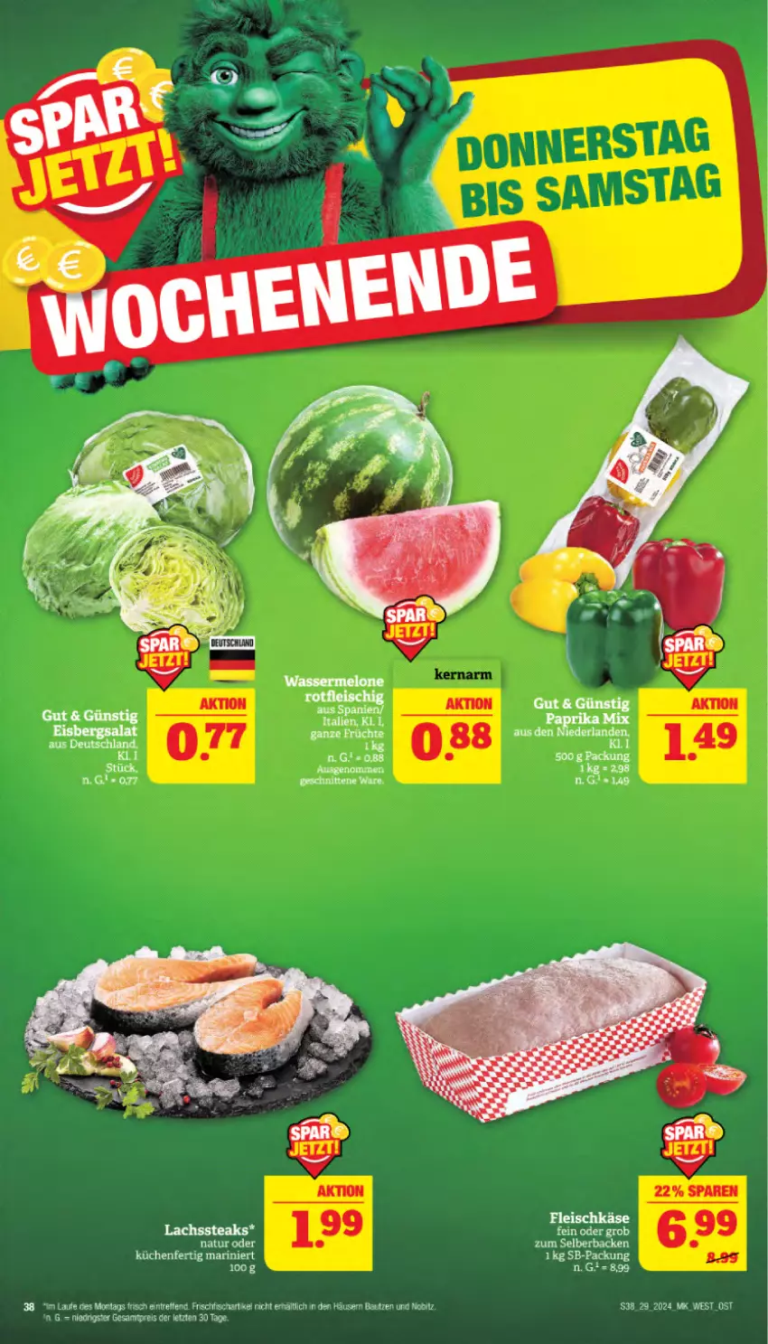 Aktueller Prospekt Marktkauf - Prospekt - von 14.07 bis 20.07.2024 - strona 38 - produkty: Bau, eis, fisch, fleisch, fleischkäse, frischfisch, Käse, küche, Küchen, lachs, melone, reis, schnitten, steak, steaks, Ti, wasser, wassermelone, ZTE