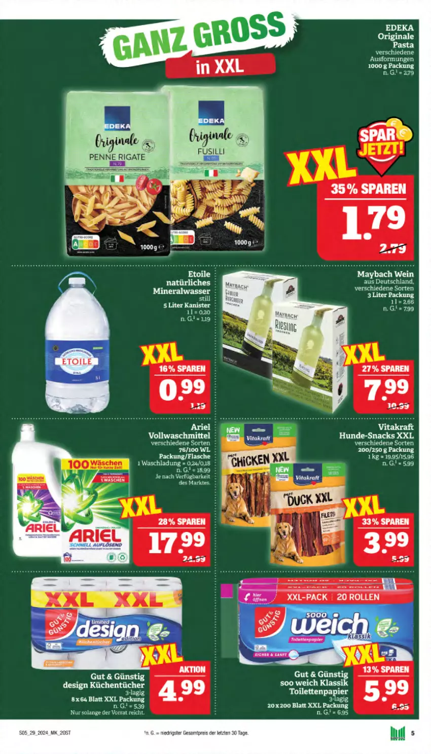 Aktueller Prospekt Marktkauf - Prospekt - von 14.07 bis 20.07.2024 - strona 5 - produkty: Alwa, ariel, eis, elle, flasche, gin, kraft, maybach, mineralwasser, pasta, reis, snack, snacks, tee, Ti, vita, vitakraft, vollwaschmittel, waschmittel, wasser, wein, ZTE