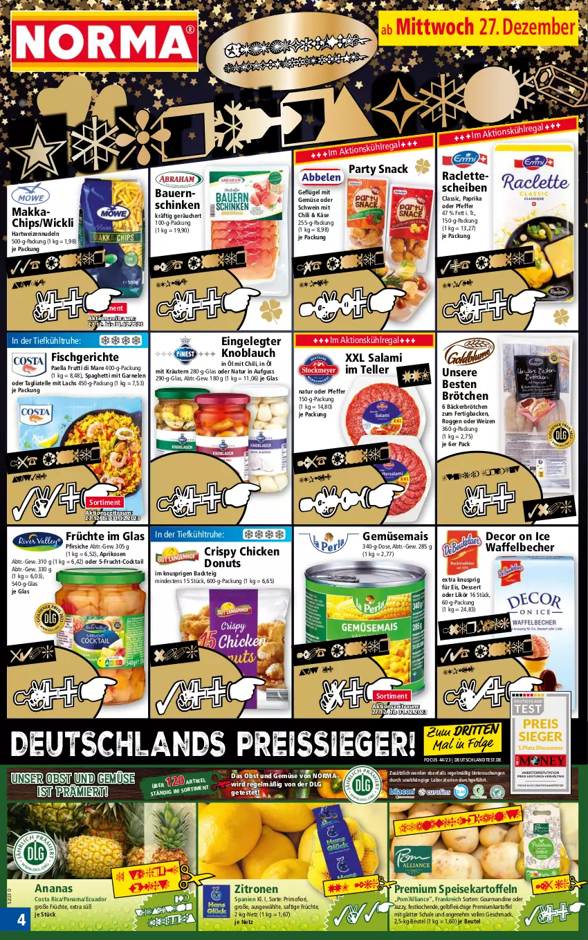 Aktueller Prospekt Norma - Norma - von 27.12.2023 bis 03.01.2024 - strona 4 - produkty: ananas, aprikose, aprikosen, auer, Bau, Bauer, Bauernschinken, Becher, beutel, brötchen, chili, chips, cocktail, decor, dessert, Donut, donuts, eis, elle, erde, fisch, fleisch, frucht, früchte, frutti di mare, garnelen, Geflügel, gemüsemais, hartweizen, kartoffel, kartoffeln, Käse, knoblauch, kräuter, kräutern, kühlregal, lachs, latte, LG, likör, mac, mais, mit gemüse, natur, nudel, nudeln, obst, Obst und Gemüse, paella, paprika, pfeffer, pfirsich, pfirsiche, regal, reis, reiss, saft, salami, Schal, Schale, schinken, schwein, snack, spaghetti, speisekartoffeln, tagliatelle, teller, Ti, tiefpreis, und gemüse, wein, WICK, zitrone, zitronen