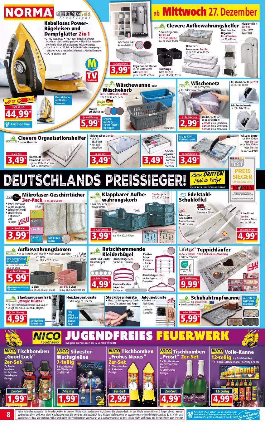 Aktueller Prospekt Norma - Norma - von 27.12.2023 bis 03.01.2024 - strona 8 - produkty: aufbewahrungsbox, auto, Bebe, bett, beutel, bügel, Bügeleisen, bürste, Clin, Dampfglätter, decke, Deckel, edelstahl, eis, elle, erde, flasche, geschirr, geschirrtücher, gin, Handtasche, hose, hosen, Klammern, kleid, kleider, kleiderbügel, Kleidung, kommode, korb, lamm, Läufer, lavendel, LG, Löffel, Luftschlangen, Mode, ndk, paar schuhe, Raketen, recyclingmaterial, regal, reifen, Reinigung, reis, reiss, Ria, Röcke, rwe, Schal, Schornsteinfeger, schuhe, sekt, socken, staubsauger, steckdose, Tasche, taschen, Tastatur, Teleskop, teppich, Ti, tisch, Tischbomben, tücher, Wanne, wäschekorb, wasser, wassertank