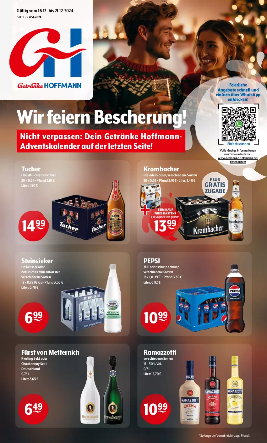 Aktueller Prospekt Getraenke Hoffmann - Prospekte - von 16.12 bis 21.12.2024 - strona 1 - produkty: 7UP, Adventskalender, Alwa, angebot, angebote, bier, chardonnay, decke, eier, fürst von metternich, getränk, getränke, Kindle, krombache, krombacher, Mett, metternich, mineralwasser, natürliches mineralwasser, oder radler, pepsi, pils, radler, rama, ramazzott, ramazzotti, riesling, Schwip Schwap, sekt, Steinsieker, Ti, tuc, Tucher, wasser, zott, ZTE