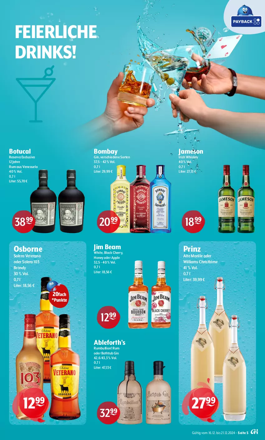 Aktueller Prospekt Getraenke Hoffmann - Prospekte - von 16.12 bis 21.12.2024 - strona 5 - produkty: Apple, drink, drinks, eier, gin, irish whiskey, jameson, jim beam, lack, lion, osborne, rum, Ti, tuc, veterano, whiskey