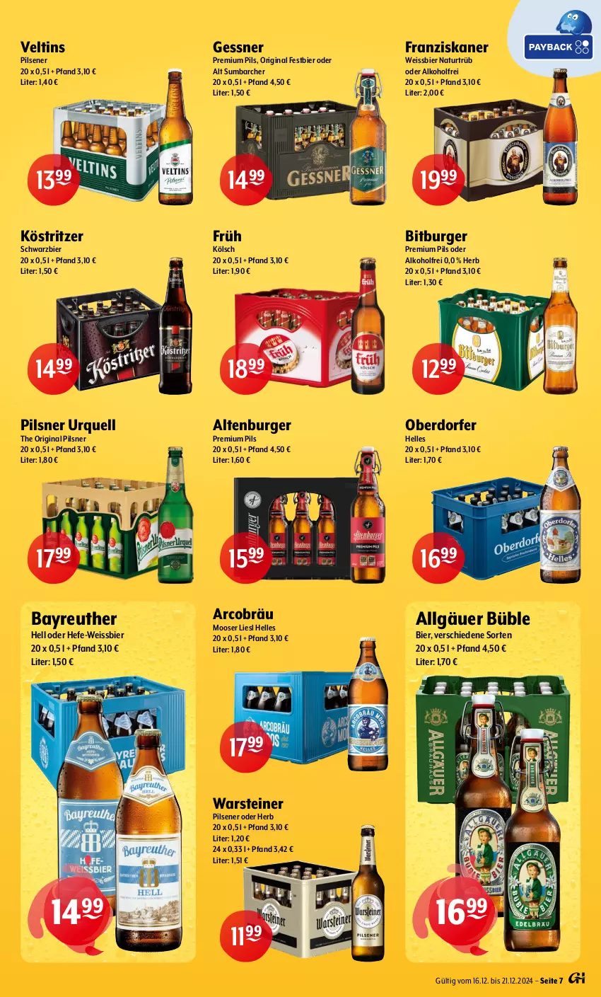 Aktueller Prospekt Getraenke Hoffmann - Prospekte - von 16.12 bis 21.12.2024 - strona 7 - produkty: alkohol, altenburger, bier, bitburger, burger, eis, elle, franziskaner, Früh Kölsch, Gessner, gin, Hefe, köstritzer, LG, natur, pils, pilsener, pilsner, pilsner urquell, premium pils, steiner, Ti, veltins, veltins pilsener, warsteiner, weissbier