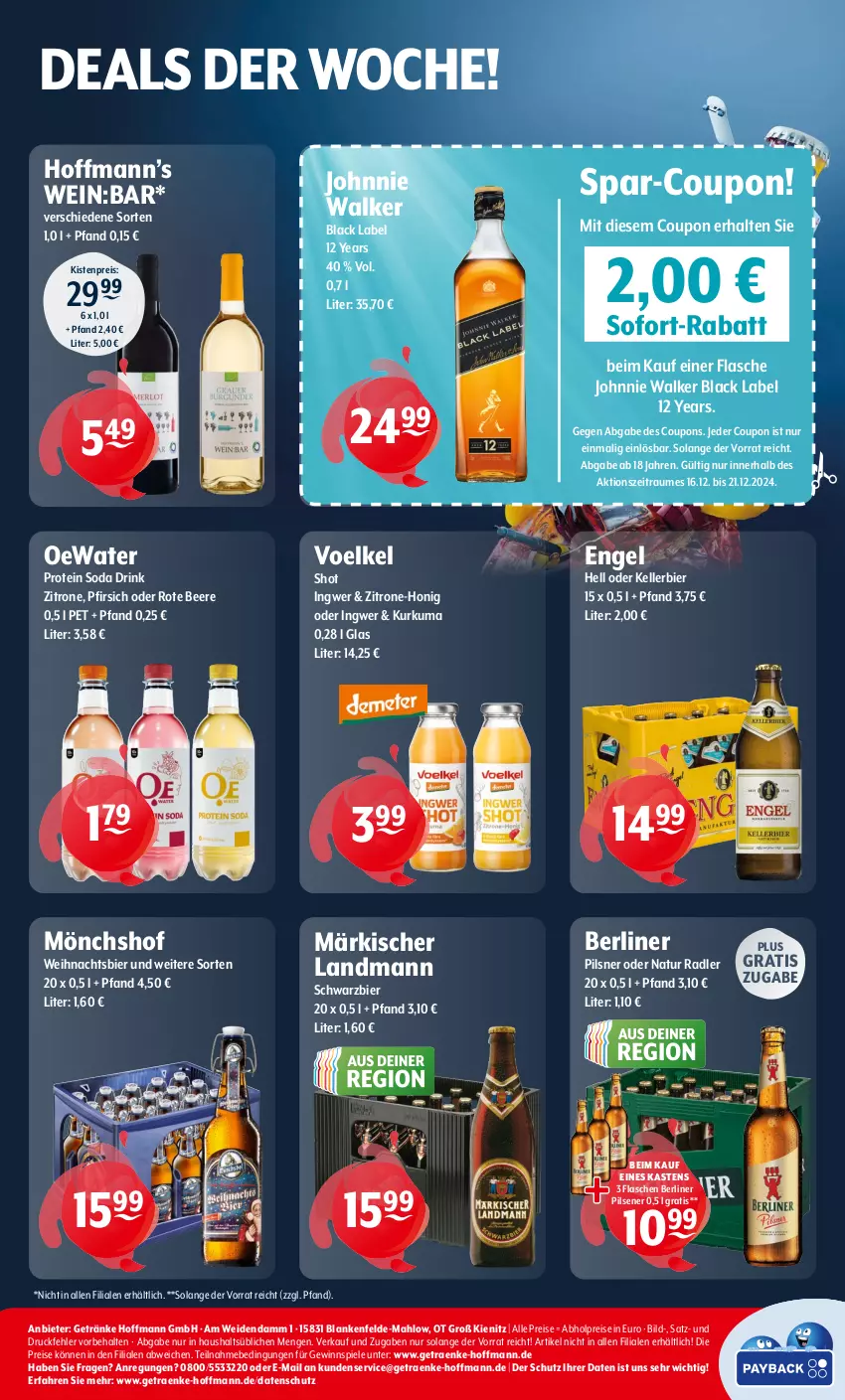 Aktueller Prospekt Getraenke Hoffmann - Prospekte - von 16.12 bis 21.12.2024 - strona 8 - produkty: abholpreise, beere, berliner, bier, black label, coupon, coupons, drink, eis, elle, Engel, flasche, getränk, getränke, gewinnspiel, honig, ingwer, johnnie walker, kellerbier, lack, mönchshof, natur, natur radler, pfirsich, pils, pilsener, pilsner, radler, reis, Soda, sofort-rabatt, Spiele, Ti, wein, zitrone