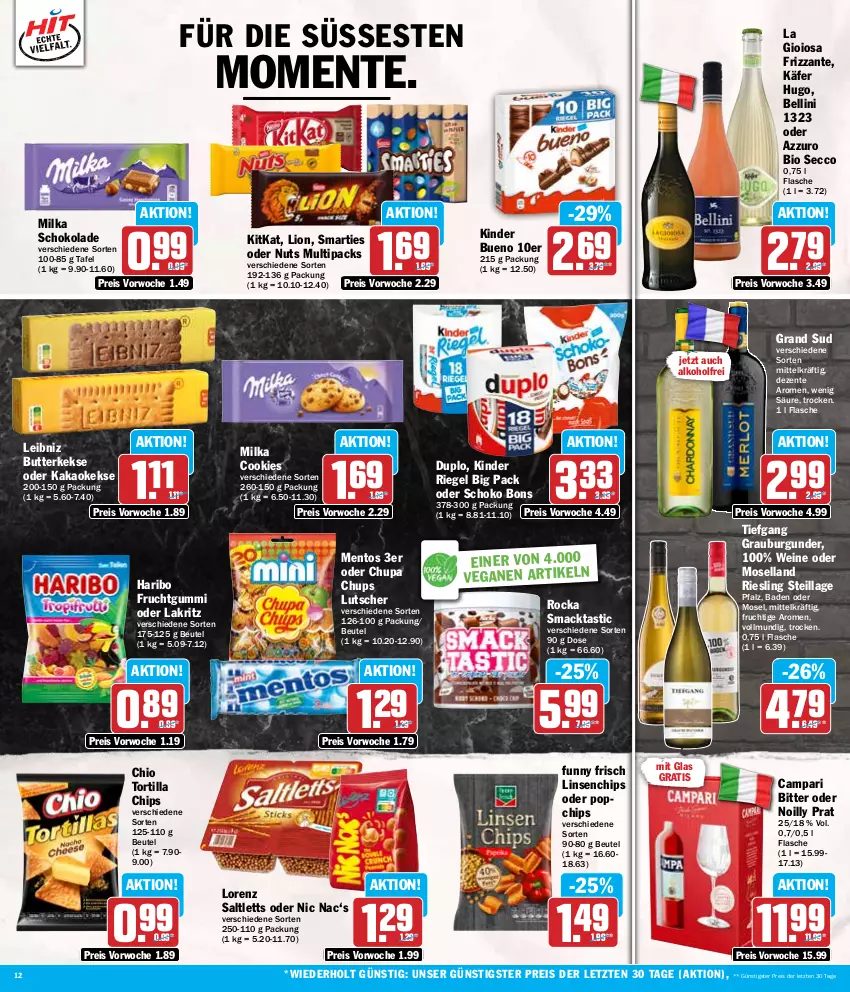 Aktueller Prospekt Hit - Wochenprospekt - von 26.08 bis 31.08.2024 - strona 12 - produkty: alkohol, asti, Bad, beutel, bio, burgunder, butter, butterkeks, campari, chips, chupa, chupa chups, cookie, cookies, duplo, ecco, eis, ente, flasche, frizzante, frucht, fruchtgummi, Funny Frisch, grand sud, grauburgunder, haribo, hugo, käfer, kakao, keks, kekse, Kinder, kinder bueno, kinder riegel, kitkat, La Gioiosa, Lakritz, leibniz, linsen, lion, lorenz, Lutscher, mac, mentos, milka, milka schokolade, moselland, oder lakritz, reis, riegel, riesling, saltletts, schoko, schokolade, smarties, Ti, tortilla, Tortilla Chips, wein, weine, ZTE