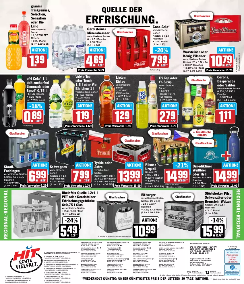 Aktueller Prospekt Hit - Wochenprospekt - von 26.08 bis 31.08.2024 - strona 16 - produkty: Afri Cola, Alwa, angebot, angebote, Astra, auer, Bad, Benediktiner, bier, bio, bio limo, bitburger, braun, burger, coca-cola, cola, corona, deit, desperados, eimer, eis, eistee, elle, Engel, erfrischungsgetränk, erfrischungsgetränke, fisch, flasche, gerolsteine, gerolsteiner, getränk, getränke, glasflasche, granini, könig pilsener, limo, limonade, lipton, Lübecker, mineralwasser, nuss, pils, pilsener, pilsner, Rauch, reis, rheinfels quelle, schweppes, sirup, Spezi, Staatl. Fachingen, steiner, störtebeker, tee, Ti, trinkflasche, tyskie, uhr, vio bio limo, volvic, warsteiner, wasser, Yo, ZTE, zucker