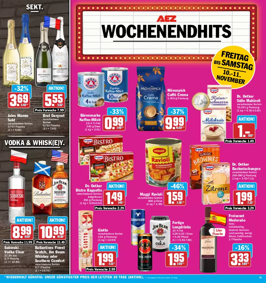 Aktueller Prospekt Aez - Prospekte - von 06.11 bis 11.11.2023 - strona 15 - produkty: backmischung, Backmischungen, baguette, ball, bärenmarke, Bistro Baguette, brut, brut dargent, Dr. Oetker, drink, drinks, eis, ente, flasche, freixenet, giotto, jim beam, jules mumm, kaffee, maggi, milch, mövenpick, mumm, ravioli, reis, scotch, sekt, Southern Comfort, Ti, vodka, whiskey, ZTE