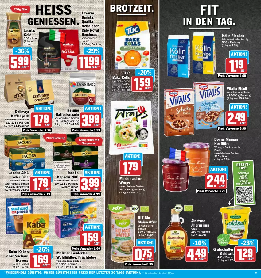 Aktueller Prospekt Aez - Prospekte - von 06.11 bis 11.11.2023 - strona 9 - produkty: Becher, beutel, bio, Blüte, bonne maman, brot, café royal, dallmayr, eier, eis, espresso, flasche, frucht, früchte, Früchtetee, goldsaft, grafschafter, jacobs, Jacobs Gold, kaffee, kaffeekapseln, kaffeepads, kakao, kölln, konfitüre, Ländertee, lavazza, löslicher kaffee, mac, mais, Maiswaffeln, mam, Meßmer, mestemacher, müsli, natur, natura, nespresso, nestlé, reis, saft, sim, sirup, tassimo, tee, Ti, tuc, vita, vitalis, vitalis müsli, waffeln, wrap, wraps, ZTE, zucker