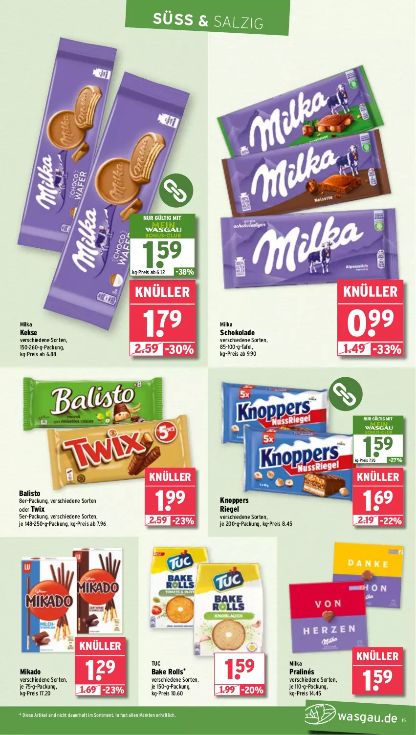 Aktueller Prospekt Wasgau - von 02.09 bis 07.09.2024 - strona 15 - produkty: auer, balisto, eis, keks, kekse, knoppers, mikado, milka, milka schokolade, oder twix, reis, riegel, salz, schoko, schokolade, Ti, tuc, twix