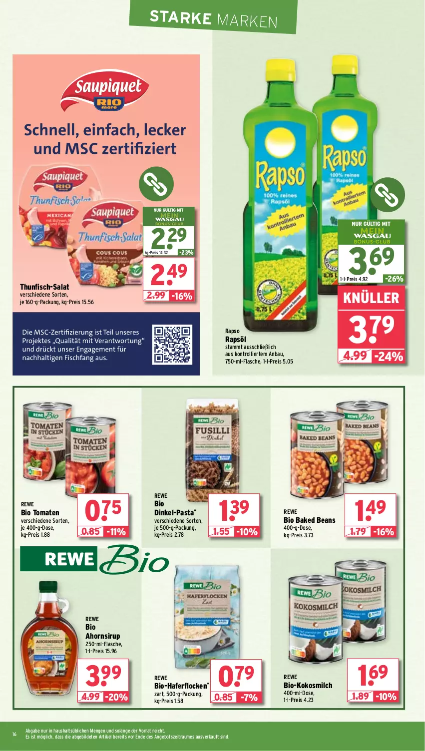 Aktueller Prospekt Wasgau - von 02.09 bis 07.09.2024 - strona 16 - produkty: angebot, Bau, bio, eis, fisch, flasche, hafer, haferflocken, kokos, kokosmilch, milch, pasta, rapso, rapsöl, reis, rewe bio, salat, sirup, thunfisch, Ti, tomate, tomaten, trolli