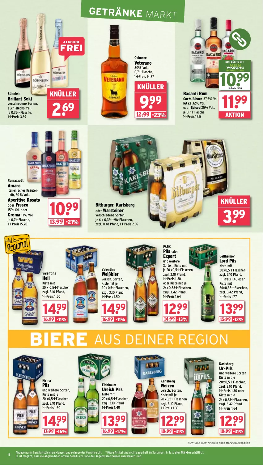 Aktueller Prospekt Wasgau - von 02.09 bis 07.09.2024 - strona 18 - produkty: alkohol, amaro, angebot, aperitivo rosato, auer, bacardi, bacardi rum, Bau, bier, Biere, bitburger, brillant sekt, burger, eimer, eis, flasche, getränk, getränke, karlsberg, kräuter, kräuterlikör, likör, mw-flasche, osborne, pils, rama, ramazzott, ramazzotti, reis, rosato, rum, sekt, söhnlein, söhnlein brillant, steiner, Ti, veterano, warsteiner, zott