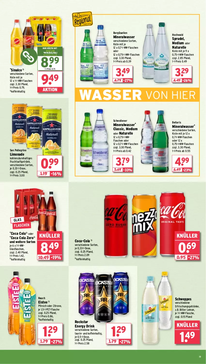 Aktueller Prospekt Wasgau - von 02.09 bis 07.09.2024 - strona 19 - produkty: Alwa, bitter lemon, coca-cola, cola, drink, eis, eistee, elle, energy drink, erfrischungsgetränk, erfrischungsgetränke, flasche, frucht, fruchtsaft, fruchtsaftgetränk, getränk, getränke, glasflasche, hochwald, limo, limonade, mineralwasser, mw-flasche, natur, pet-flasche, pfirsich, Rauch, reis, rel, Rockstar, saft, san pellegrino, schweppes, sinalco, Sprudel, tee, Ti, wasser, wolle, zitrone