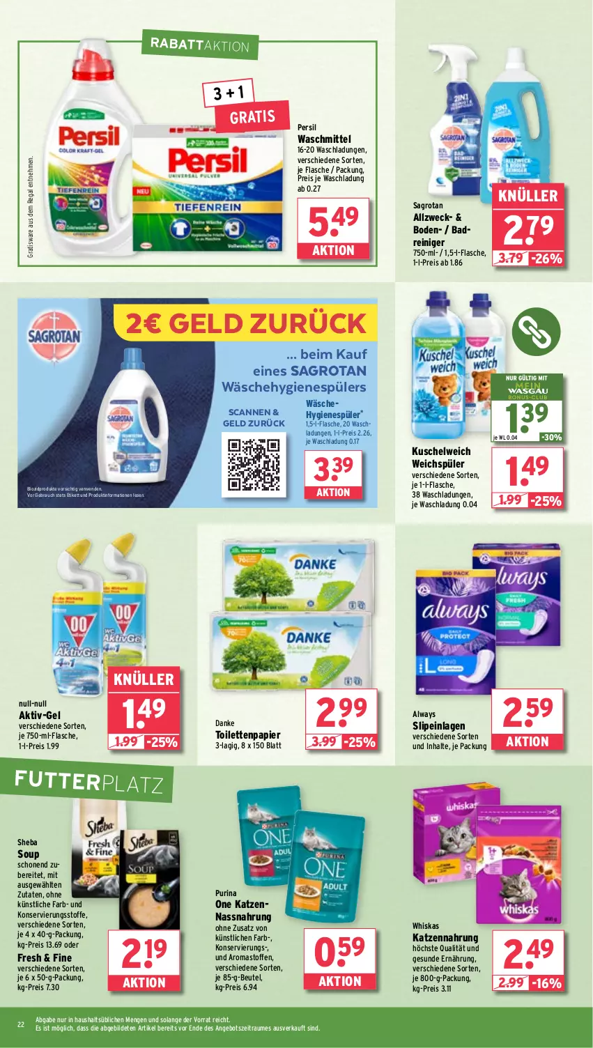 Aktueller Prospekt Wasgau - von 02.09 bis 07.09.2024 - strona 22 - produkty: Alwa, Always, angebot, Bad, beutel, bio, biozidprodukte, eis, flasche, hygienespüler, katzennahrung, Kuschelweich, Nassnahrung, papier, persil, persil waschmittel, purina, Rauch, regal, reiniger, reis, rwe, sagrotan, sheba, slip, slipeinlagen, Ti, toilettenpapier, waschmittel, weck, weichspüler, whiskas