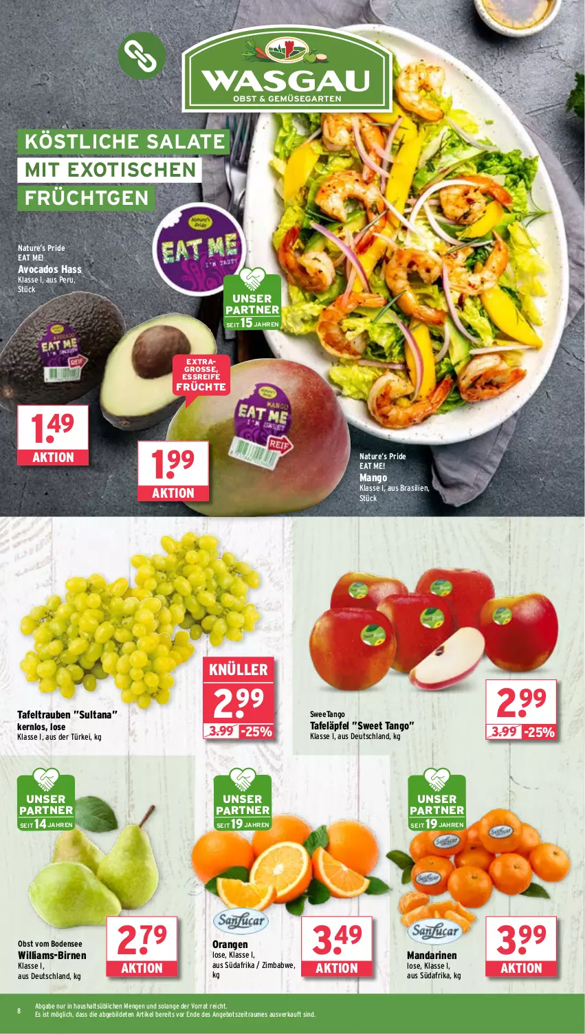 Aktueller Prospekt Wasgau - von 02.09 bis 07.09.2024 - strona 8 - produkty: angebot, avocado, avocados, Birnen, früchte, mandarine, mandarinen, mango, natur, obst, orange, orangen, salat, salate, tafeläpfel, tafeltrauben, Ti, tisch, trauben