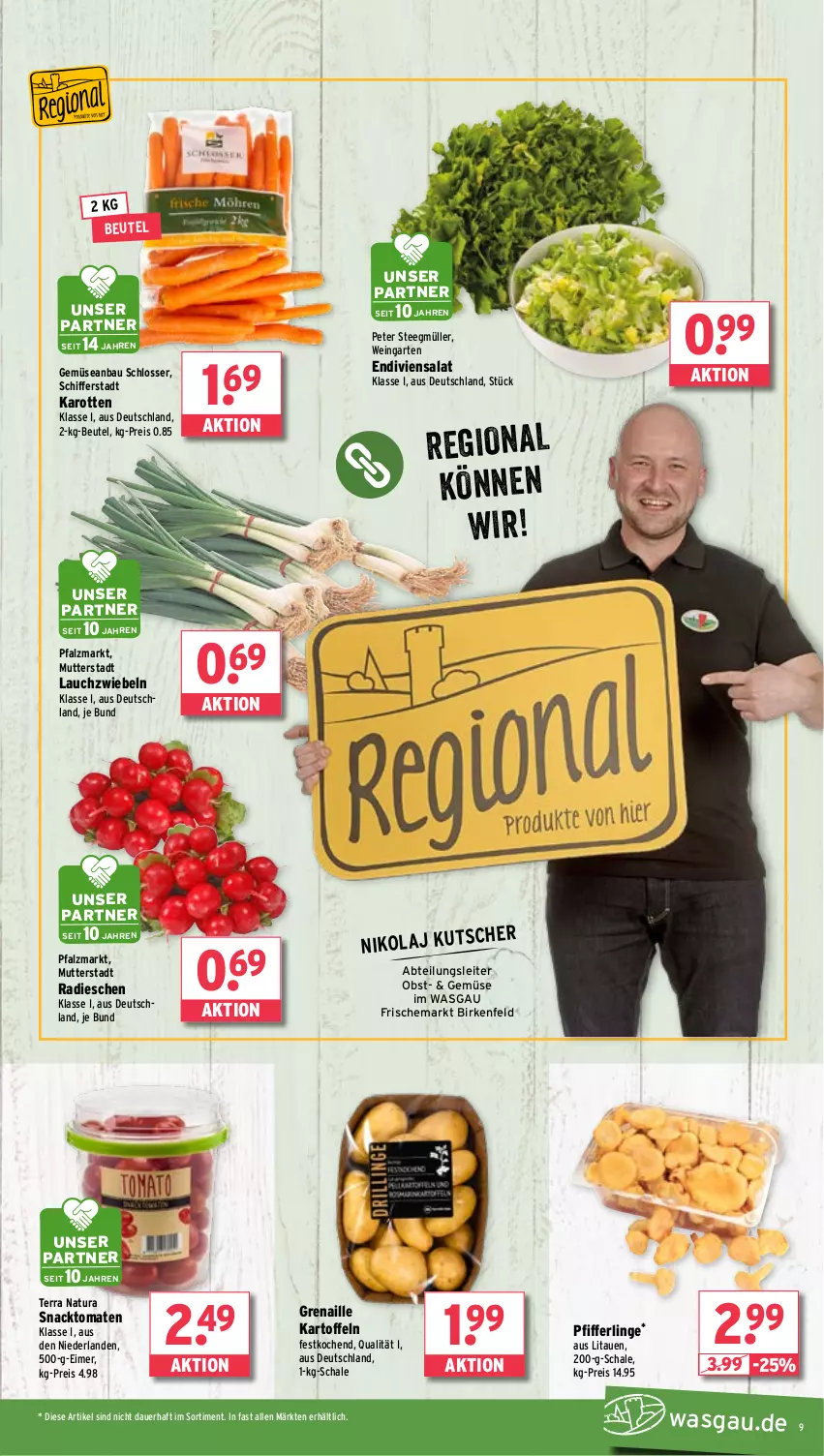 Aktueller Prospekt Wasgau - von 02.09 bis 07.09.2024 - strona 9 - produkty: Abtei, auer, Bau, beutel, eimer, eis, Garten, karotten, kartoffel, kartoffeln, Lauchzwiebel, lauchzwiebeln, Müller, natur, natura, obst, Pfifferlinge, radieschen, reis, salat, Schal, Schale, snack, tee, Ti, tomate, tomaten, wein, zwiebel, zwiebeln