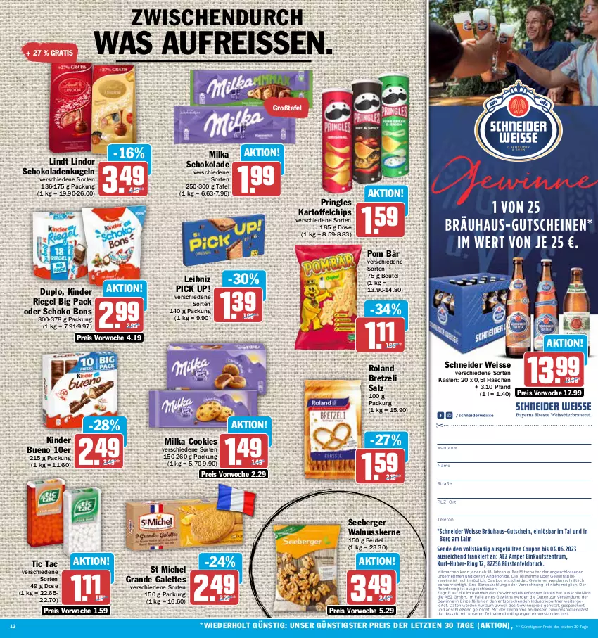 Aktueller Prospekt Aez - Prospekte - von 22.05 bis 27.05.2023 - strona 12 - produkty: Berger, beutel, chips, cookie, cookies, duplo, eis, flasche, kartoffel, kartoffelchips, Kinder, kinder bueno, kinder riegel, Kugel, leibniz, lindor, lindt, milka, milka schokolade, nuss, Pick Up!, pringles, reis, reiss, riegel, ring, salz, schoko, schokolade, schokoladen, seeberger, Ti, walnuss, walnusskerne, ZTE