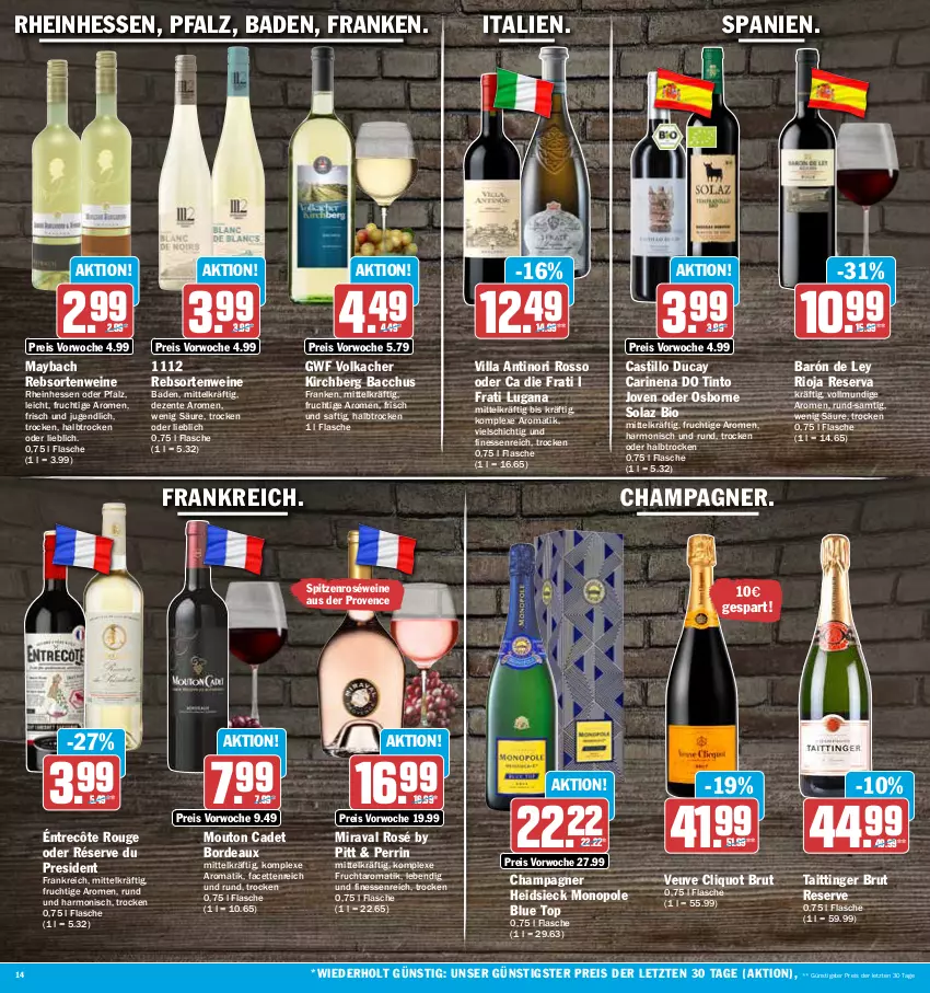 Aktueller Prospekt Aez - Prospekte - von 22.05 bis 27.05.2023 - strona 14 - produkty: ACC, asti, Bad, bio, brut, champagne, champagner, eis, ente, finesse, flasche, frucht, maybach, olaz, osborne, rebsortenweine, reis, rioja, roséwein, rouge, saft, Ti, wein, weine, ZTE