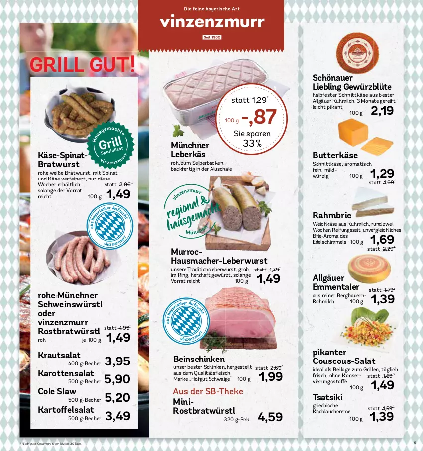 Aktueller Prospekt Aez - Prospekte - von 22.05 bis 27.05.2023 - strona 5 - produkty: auer, Bau, Bauer, Becher, Blüte, bratwurst, brie, butter, butterkäse, couscous, creme, eis, emmentaler, gewürz, grill, halbfester schnittkäse, Hausmacher, hofgut, ilag, karotten, Käse, knoblauch, Knoblauchcreme, Kraut, krautsalat, leberkäs, leberwurst, LG, mac, milch, reis, ring, salat, Schal, Schale, schinken, schnittkäse, schwein, spinat, Ti, tisch, weichkäse, wein, wurst, ZTE