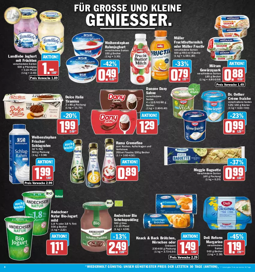 Aktueller Prospekt Aez - Prospekte - von 22.05 bis 27.05.2023 - strona 8 - produkty: andechser natur, baguette, Becher, bio, brötchen, butter, buttermilch, creme, crème fraîche, Croissant, danone, Dany, dany sahne, deli reform, Dr. Oetker, eis, flasche, frucht, früchte, früchten, gewürz, gewürzquark, hörnchen, joghur, joghurt, jogurt, landliebe, landliebe joghurt, leine, margarine, meggle, milch, milram, Müller, natur, pudding, quark, rahmjoghurt, rama, rama cremefine, reis, sahne, schlagrahm, schoko, Ti, tiramisu, weihenstephan, ZTE