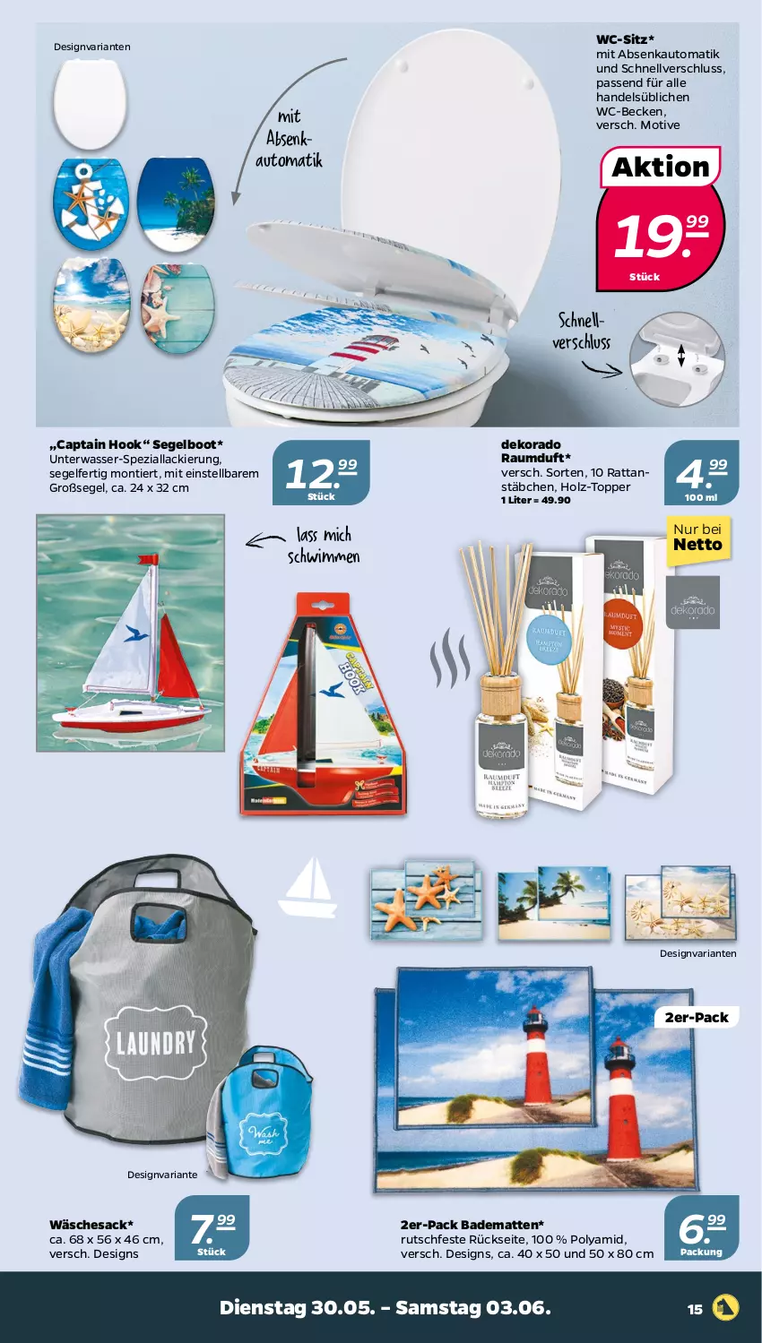 Aktueller Prospekt Netto - Woche 22 - von 30.05 bis 03.06.2023 - strona 15 - produkty: auto, Bad, badematte, Cap, Holz, lack, passend für alle, Raumduft, Ria, sac, Spezi, Ti, topper, wasser, wc-sitz