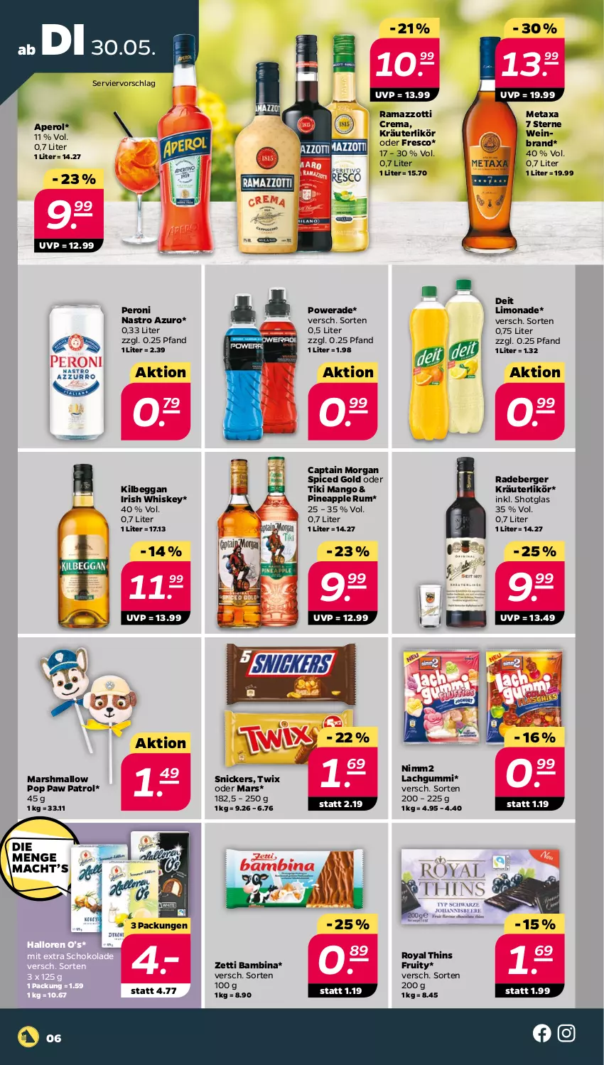 Aktueller Prospekt Netto - Woche 22 - von 30.05 bis 03.06.2023 - strona 6 - produkty: aperol, Apple, Berger, Cap, captain morgan, deit, irish whiskey, kilbeggan, kräuter, kräuterlikör, lachgummi, likör, limo, limonade, mango, mars, Metaxa, nimm2, Paw Patrol, Peroni, radeberger, rama, ramazzott, ramazzotti, rum, schoko, schokolade, Shotglas, snickers, Ti, twix, wein, weinbrand, whiskey, zott