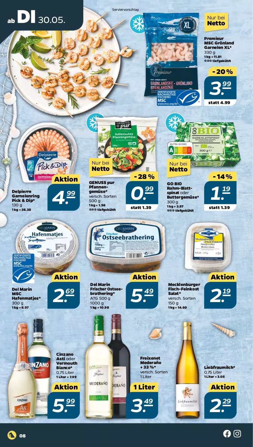 Aktueller Prospekt Netto - Woche 22 - von 30.05 bis 03.06.2023 - strona 8 - produkty: asti, bio, blattspinat, burger, butter, cin, cinzano, Cinzano Asti, dip, feinkost, fisch, freixenet, garnelen, hering, matjes, milch, nuss, pfanne, pfannen, ring, salat, spinat, Ti, Vermouth