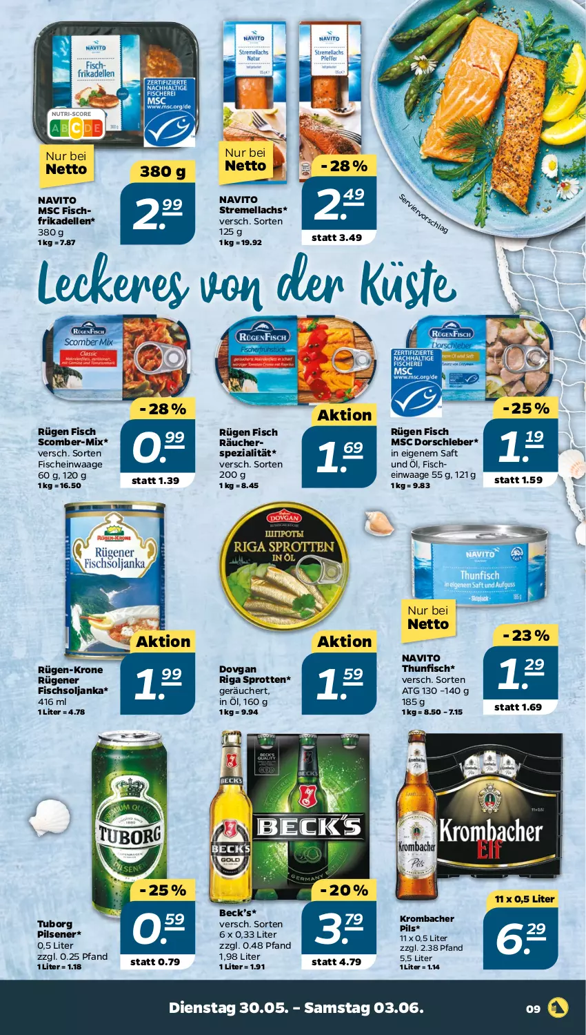 Aktueller Prospekt Netto - Woche 22 - von 30.05 bis 03.06.2023 - strona 9 - produkty: dell, Dorsch, dovgan, elle, fisch, fische, frikadellen, krombache, krombacher, krombacher pils, krone, lachs, pils, pilsener, Rügener, saft, Spezi, Sprotten, thunfisch, Ti, Waage