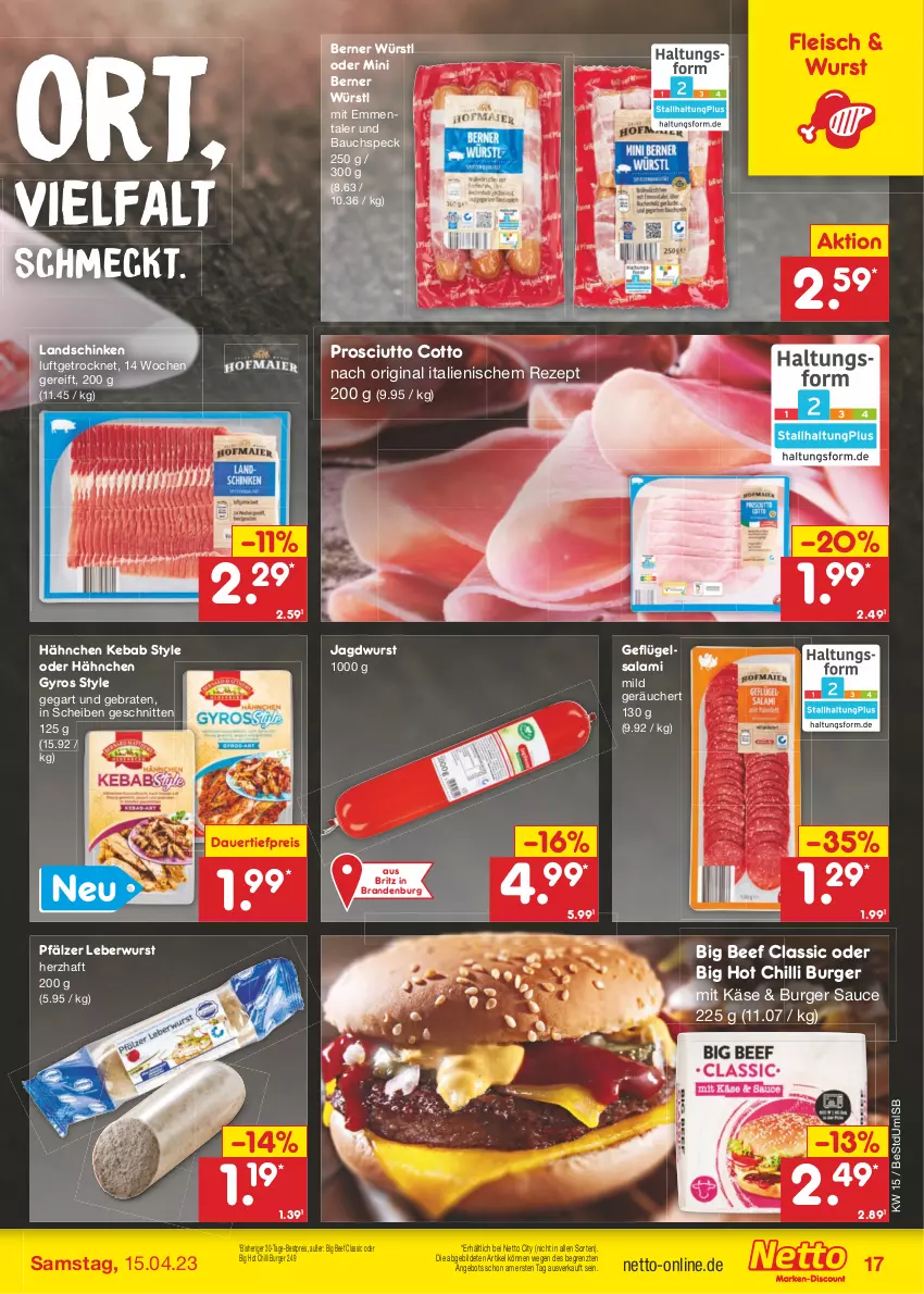 Aktueller Prospekt Netto Marken-Discount - Filial-Angebote - von 11.04 bis 15.04.2023 - strona 17 - produkty: angebot, auer, Bau, beef, bestpreis, braten, burger, Burger Sauce, dauertiefpreis, eis, emmentaler, fleisch, Geflügel, gin, gyros, jagdwurst, Käse, landschinken, leberwurst, prosciutto, prosciutto cotto, reis, rezept, salami, sauce, schinken, schnitten, Speck, Ti, tiefpreis, wurst, ZTE