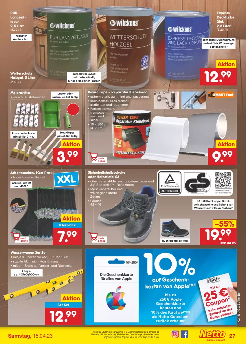 Aktueller Prospekt Netto Marken-Discount - Filial-Angebote - von 11.04 bis 15.04.2023 - strona 27 - produkty: angebot, Apple, Arbeitssocken, Bau, Beba, coupon, elle, gutschein, Holz, lack, LG, Pinsel, Ria, Roller, schuhe, scotch, socken, Ti, wasser, Wasserwage, ZTE