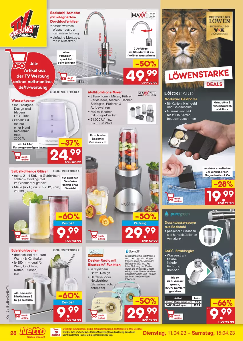 Aktueller Prospekt Netto Marken-Discount - Filial-Angebote - von 11.04 bis 15.04.2023 - strona 28 - produkty: armatur, armaturen, batterie, batterien, Becher, cocktail, cocktails, decke, Deckel, edelstahl, eis, eiswürfel, elle, gefrierfach, Geldbörse, getränk, getränke, Gläser, kaffee, Kocher, led-licht, leine, LG, Mantel, Mixer, ndk, nuss, Radio, reis, rwe, smoothie, Ti, Trinkhalme, wasser, wasserkocher, wein, würfel