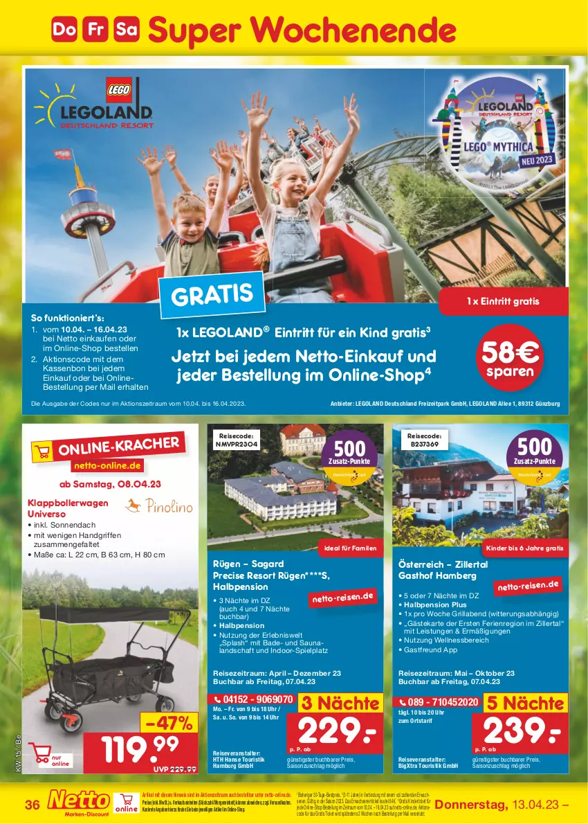 Aktueller Prospekt Netto Marken-Discount - Filial-Angebote - von 11.04 bis 15.04.2023 - strona 36 - produkty: Amber, Bad, bestpreis, bollerwagen, buch, eis, elle, grill, HP, Kinder, kracher, ndk, pril, reis, reiseveranstalter, Ti, uhr, wellnessbereich