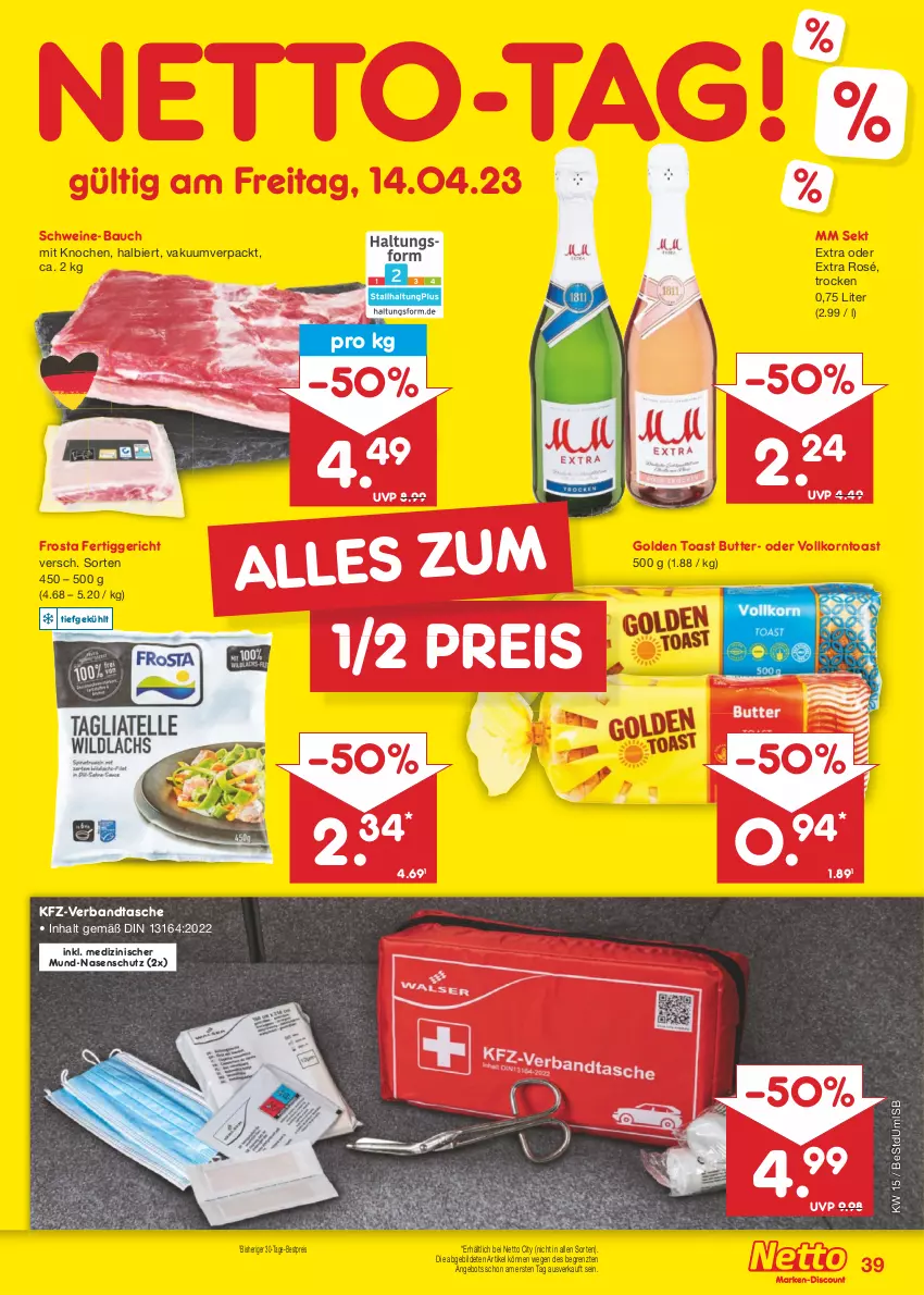 Aktueller Prospekt Netto Marken-Discount - Filial-Angebote - von 11.04 bis 15.04.2023 - strona 39 - produkty: angebot, Bau, bestpreis, bier, butter, eis, fertiggericht, frosta, golden toast, korn, reis, schwein, schweine, schweine-bauch, sekt, Tasche, Ti, toast, wein, weine, ZTE