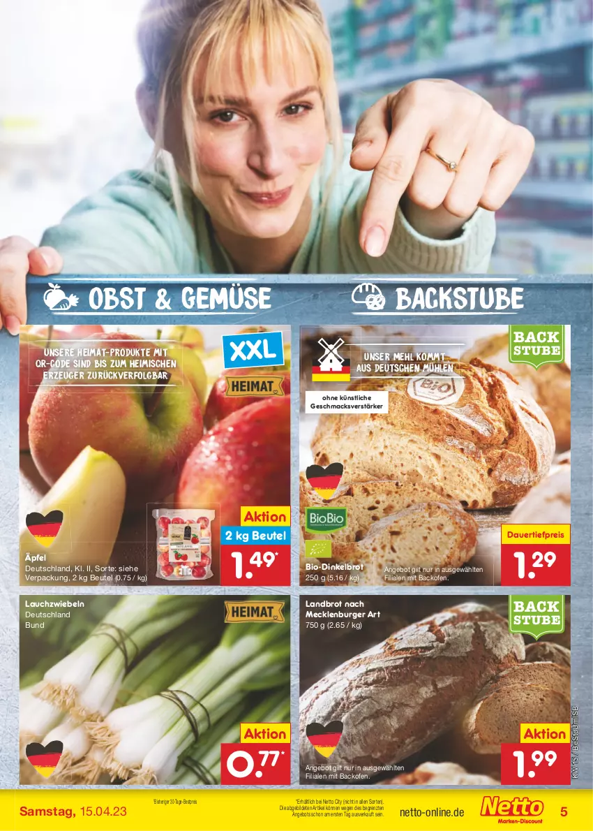 Aktueller Prospekt Netto Marken-Discount - Filial-Angebote - von 11.04 bis 15.04.2023 - strona 5 - produkty: angebot, auer, backofen, bestpreis, beutel, bio, brot, burger, dauertiefpreis, Dinkelbrot, eis, Lauchzwiebel, lauchzwiebeln, LG, mac, mehl, obst, Ofen, reis, stube, Ti, tiefpreis, ZTE, zwiebel, zwiebeln