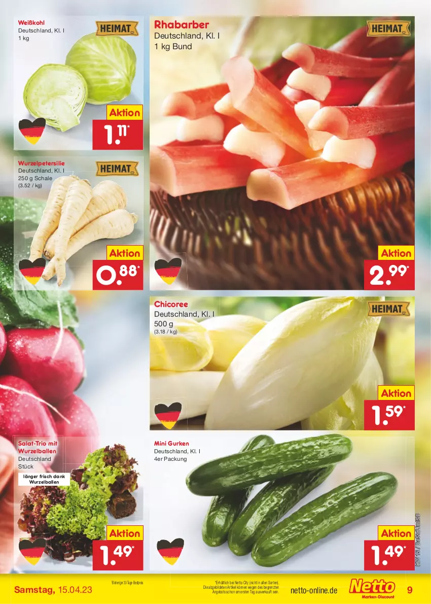 Aktueller Prospekt Netto Marken-Discount - Filial-Angebote - von 11.04 bis 15.04.2023 - strona 9 - produkty: angebot, ball, bestpreis, eis, gurke, gurken, petersilie, reis, rhabarber, salat, Schal, Schale, Ti, Weißkohl, ZTE