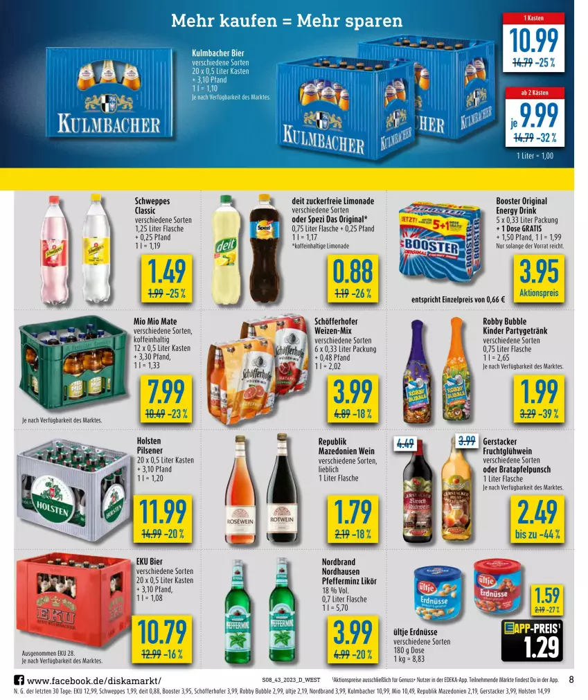 Aktueller Prospekt Diska - Prospekte - von 23.10 bis 28.10.2023 - strona 8 - produkty: aktionspreis, apfel, deit, deka, drink, eis, energy drink, erdnüsse, flasche, frucht, getränk, gin, Glühwein, holsten, holsten pilsener, Kinder, likör, limo, limonade, Mio Mio, nordbrand, nuss, pfeffer, pils, pilsener, reis, robby, schöfferhofer, schweppes, Spezi, Ti, ültje, ültje erdnüsse, wein, ZTE, zucker