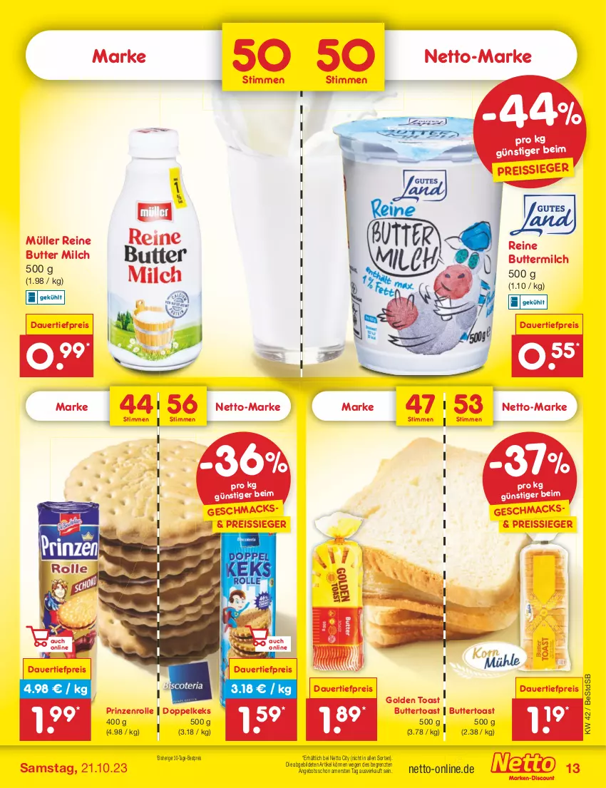 Aktueller Prospekt Netto Marken-Discount - Filial-Angebote - von 16.10 bis 21.10.2023 - strona 15 - produkty: angebot, auer, bestpreis, butter, buttermilch, Buttertoast, dauertiefpreis, eis, golden toast, keks, mac, milch, Müller, prinzenrolle, reine buttermilch, reis, reiss, Ti, tiefpreis, toast, ZTE