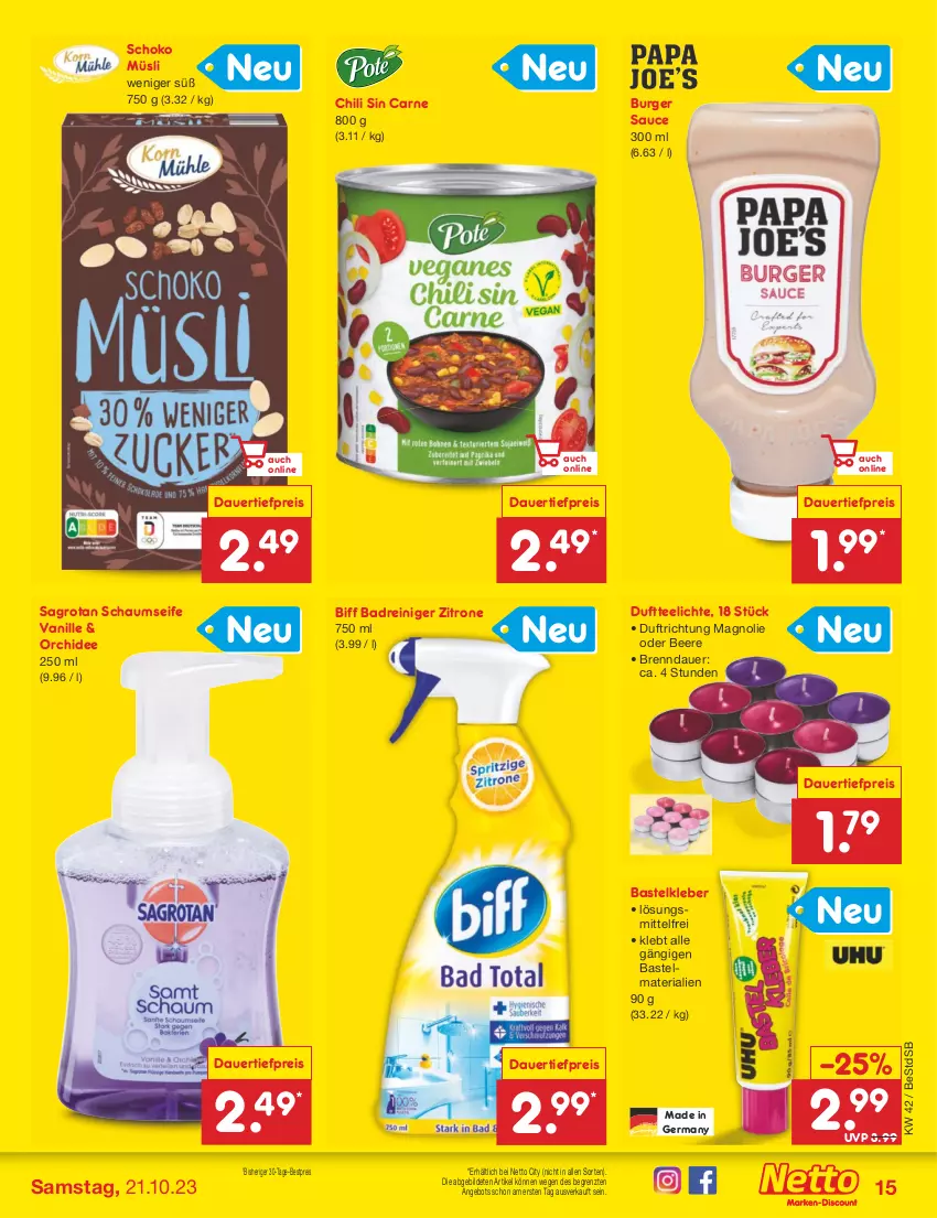 Aktueller Prospekt Netto Marken-Discount - Filial-Angebote - von 16.10 bis 21.10.2023 - strona 17 - produkty: angebot, auer, Bad, beere, bestpreis, biff, burger, Burger Sauce, chili, dauertiefpreis, Duftteelichte, eis, Germ, kleber, müsli, orchidee, reiniger, reis, Ria, sagrotan, sauce, schoko, Seife, tee, Teelicht, teelichte, Ti, tiefpreis, vanille, zitrone, ZTE