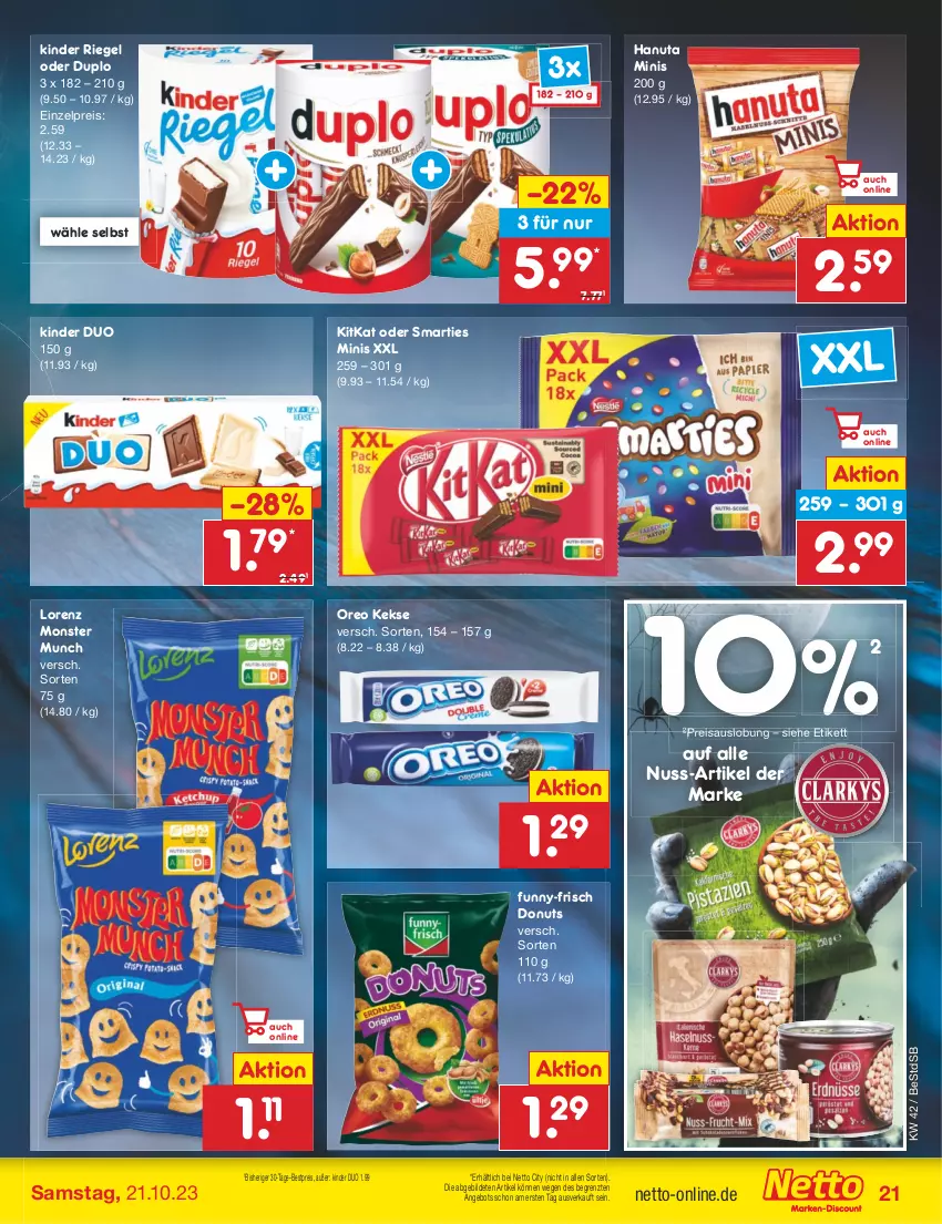 Aktueller Prospekt Netto Marken-Discount - Filial-Angebote - von 16.10 bis 21.10.2023 - strona 23 - produkty: angebot, bestpreis, Donut, donuts, duplo, eis, funny-frisch, hanuta, keks, kekse, Kinder, kinder riegel, kitkat, lorenz, monster, nuss, oreo, reis, riegel, smarties, Ti, ZTE