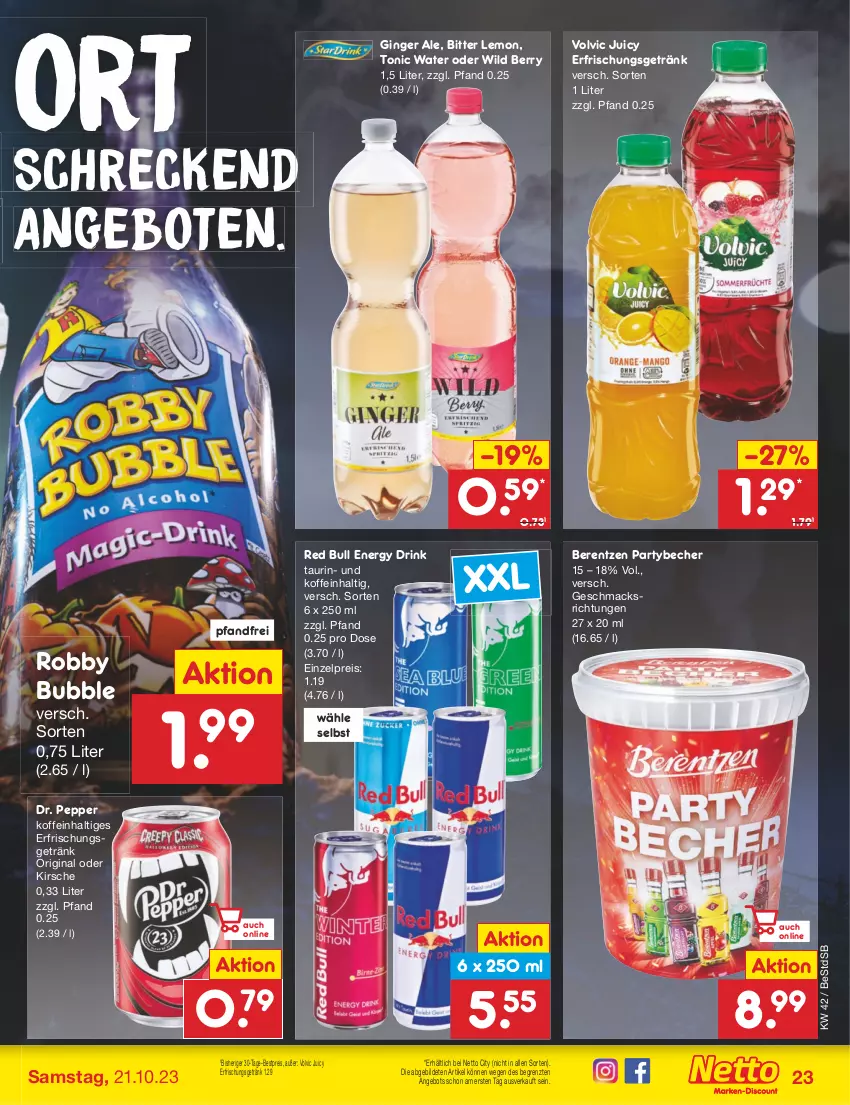 Aktueller Prospekt Netto Marken-Discount - Filial-Angebote - von 16.10 bis 21.10.2023 - strona 25 - produkty: angebot, angebote, Becher, berentzen, bestpreis, bitter lemon, drink, eis, energy drink, erfrischungsgetränk, getränk, gin, ginger, ginger ale, kirsch, kirsche, mac, red bull, reis, robby, Ti, tonic, tonic water, volvic, Wild, wild berry, ZTE