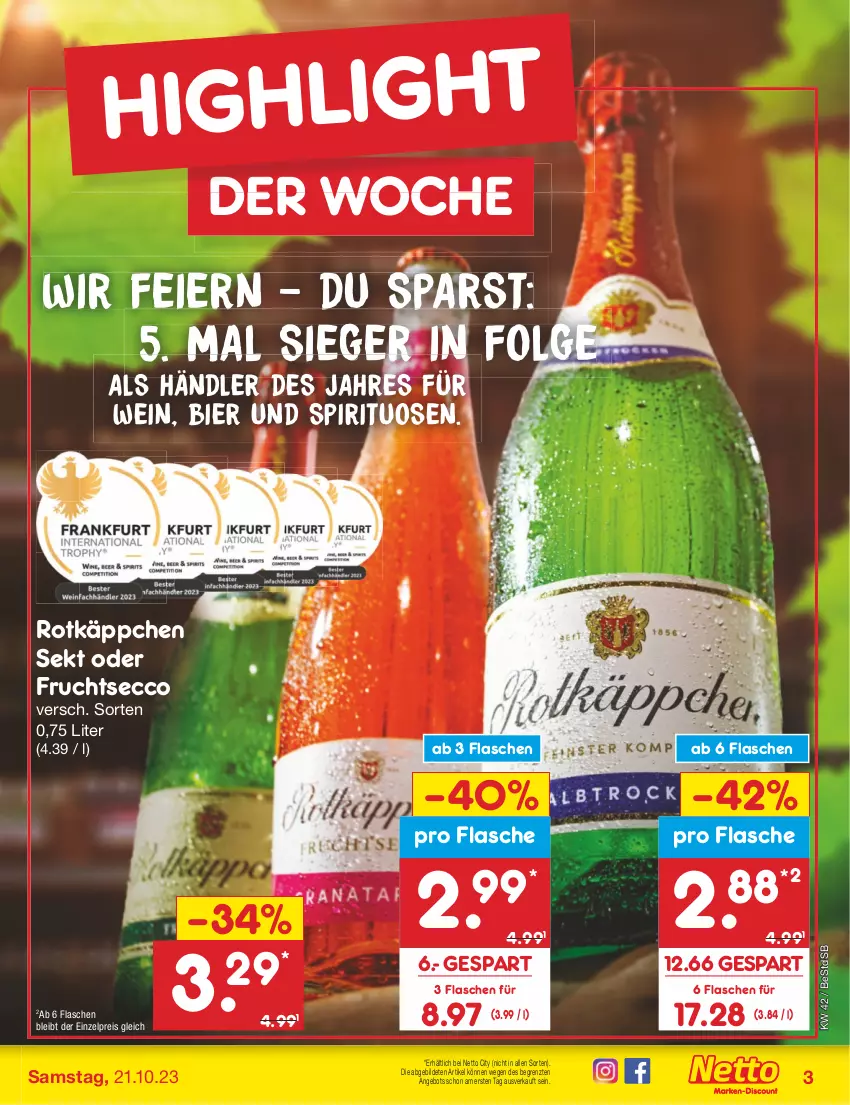 Aktueller Prospekt Netto Marken-Discount - Filial-Angebote - von 16.10 bis 21.10.2023 - strona 3 - produkty: angebot, bier, ecco, eier, eis, flasche, frucht, fruchtsecco, LG, reis, rotkäppchen, sekt, spirituosen, Ti, wein, ZTE